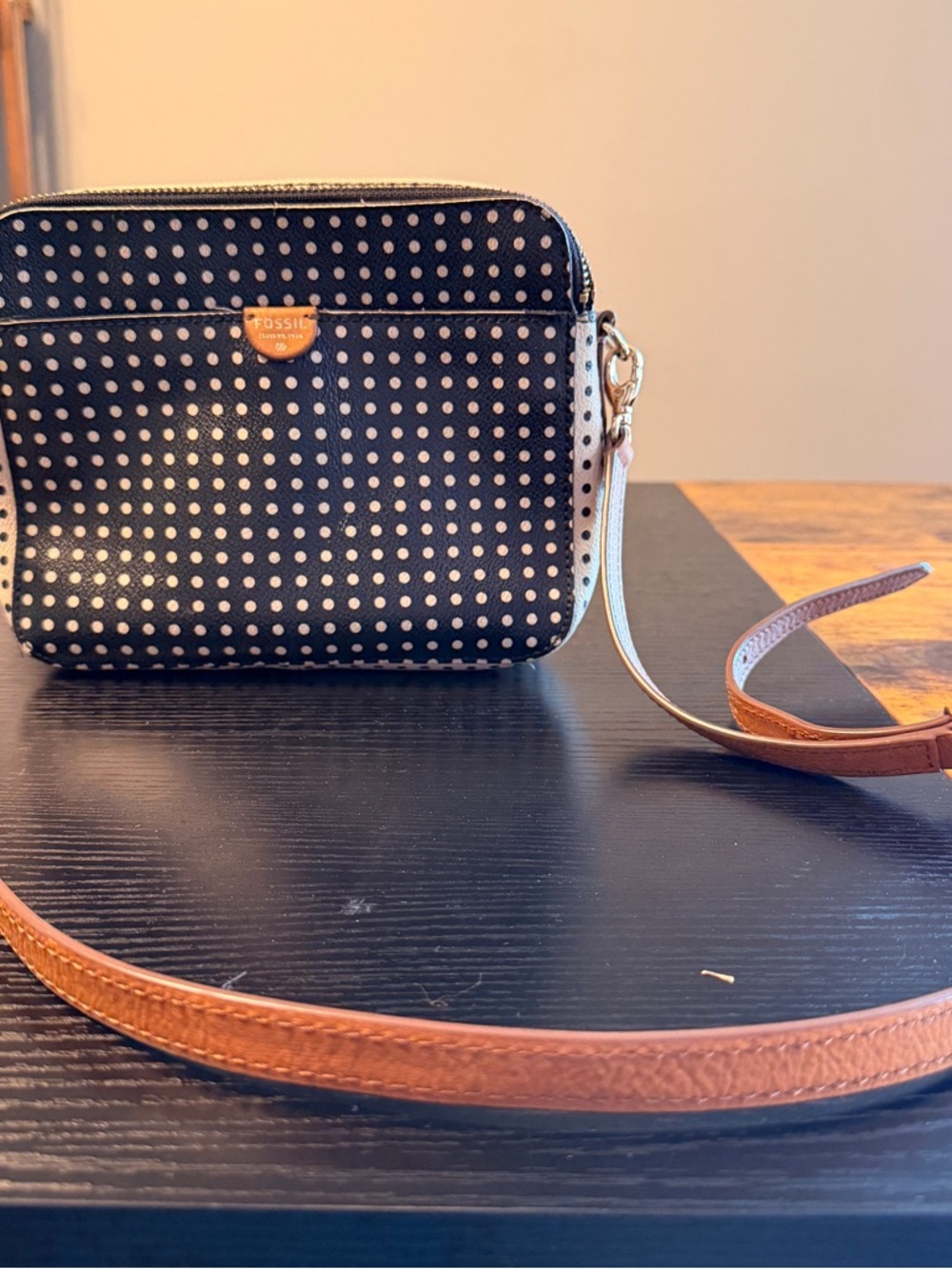 Fossil Black Polka Dot Crossbody with Tan Strap